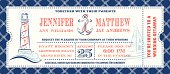 Lighthouse, Anchor and Sailboat decorate this ocean, beach, lake, or destination wedding ticket invitation. The background has a fisherman's rope pattern. Layered file.