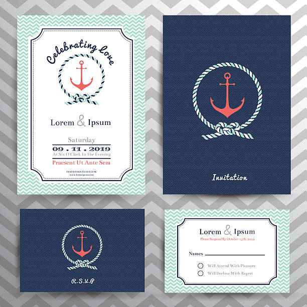 stockillustraties, clipart, cartoons en iconen met nautical wedding invitation and rsvp card template set - nautische stijl