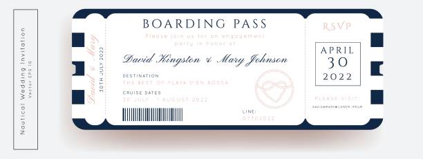 Nautical wedding vector design Nautical Wedding Invitation Vector Set.Boat Boarding Pass ticket template.Sailor theme in Classic vintage style.Elegant sea invite card overlay in white and navy blue colors. Modern luxury design. cruise vacation stock illustrations