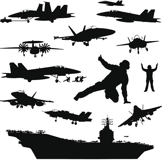 Naval aviation silhouettes Aircraft carrier and naval aircrafts high detailed silhouettes set#2. Vector lightning silhouettes stock illustrations