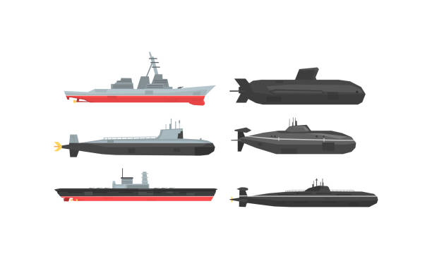 Naval Combat Ships and Submarines Collection, Military Boats, Frigates, Battleships Vector Illustration Naval Combat Ships and Submarines Collection, Military Boats, Frigates, Battleships Vector Illustration on White Background. military ship stock illustrations