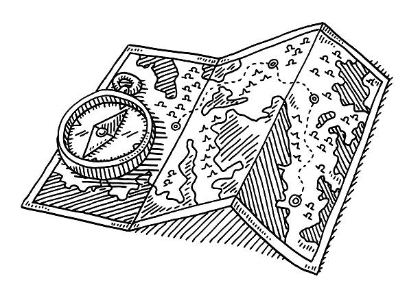 Navigation Compass Folded Map Drawing Hand-drawn vector drawing of a Navigation Compass on a Folded Map. Black-and-White sketch on a transparent background (.eps-file). Included files are EPS (v10) and Hi-Res JPG. map drawings stock illustrations