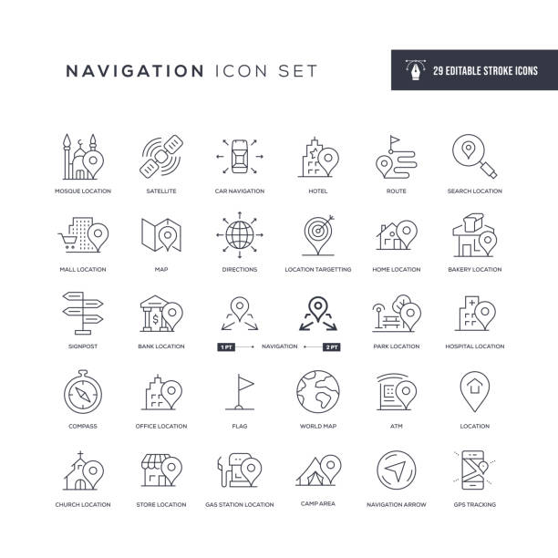 navigation bearbeitbare strichliniensymbole - sehenswürdigkeit stock-grafiken, -clipart, -cartoons und -symbole