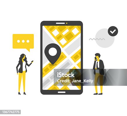 istock Navigation. Flat vector illustration. Mobile phone, city map and people with smartphones. GPS navigation app, route, traffic app, location, call taxi. Modern concepts. Flat design 1367742775