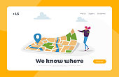 istock Navigation, Orienteering Traveling Landing Page Template. Character at Huge Map with Gps Pin Finding Way in Big City 1268120302