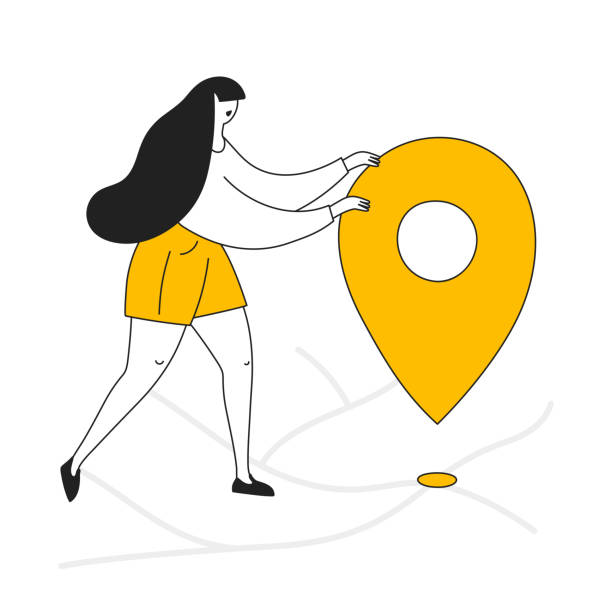 GPS navigation service, get direction icon Cute cartoon girl placing the pin tag on the map. Flat line vector illustration on white. local landmark stock illustrations