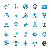 Navigation technology and Maps related vector icons collection. Three-color palette / Isolated on white / Quartico set #64 / transparent png-24 version 5000×5000 px included