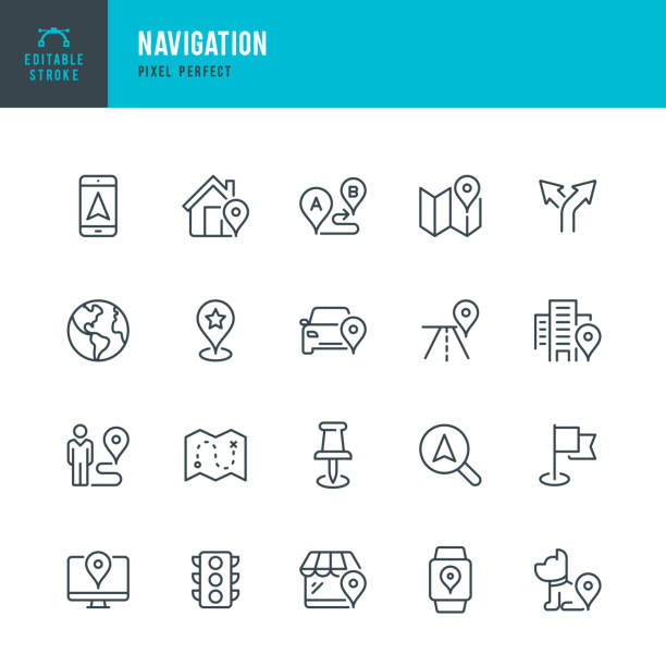 Navigation - thin line vector icon set. Pixel perfect. Editable stroke. The set contains icons: GPS, Map, Distance Marker, Navigation, Walking, Mobile Phone, Flag, Traffic Light, Domestic Animals. Navigation - thin line vector icon set. 20 linear icon. Pixel perfect. Editable outline stroke. The set contains icons: GPS, Map, Distance Marker, Navigation, Walking, Mobile Phone, Flag, Traffic Light, Domestic Animals. headquarters stock illustrations