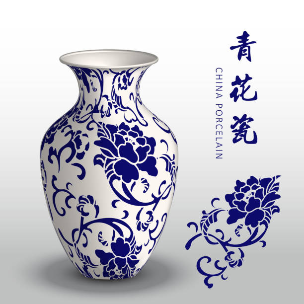 granatowy porcelanowy wazon porcelanowy spiralny kwiat botaniczny - china stock illustrations