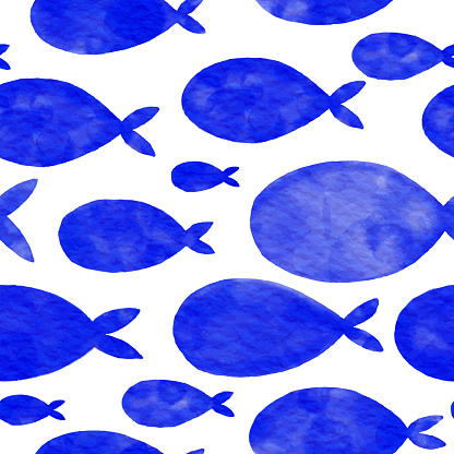 Navy Blue Watercolor Fishes Seamless Pattern with White Background. Hand Painted Layered Watercolor Fishes Clip Art. Watercolor Coastal Concept Pattern. Design Element for Greeting Cards and Wedding, Birthday and other Holiday and Summer Invitation Cards