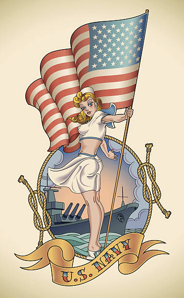 US Navy girl Old-school US Navy tattoo of a sensual pin-up lagy with the flag in her hand. Editable vector illustration. pin up girl stock illustrations
