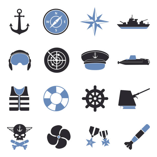 Navy Icons. Two Tone Flat Design. Vector Illustration. Navy, Sea, Naval, Ship, Submarine torpedo weapon stock illustrations