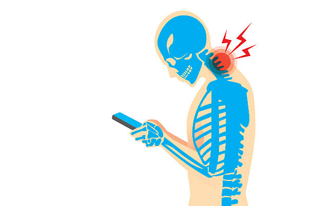 Neck Pain from Smartphone Neck bone and muscles have pain because smartphone addiction and play long time. neck stock illustrations