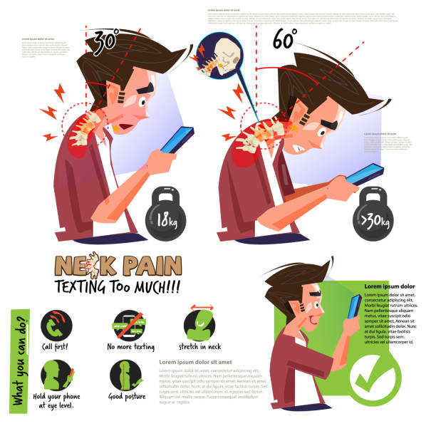 neck pain from using smartphone or texting too much. infographic. right and wrong position for good health - vector neck pain from using smartphone or texting too much. infographic. right and wrong position for good health - vector illustration neck stock illustrations