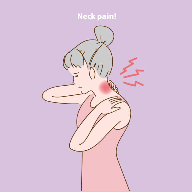 Neck pain Tired woman having neck pain symptom. girl holds neck in his hands. Feeling very unwell. Chronic muscle spasms. Nerve over bone problems. Office syndrome concept. Simple line drawing hand. neck stock illustrations