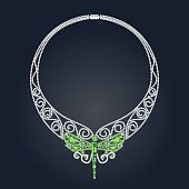 Necklace With Green and White Precious Stones and Shape of Dragonfly. Vector illustration, EPS10. High res jpg included.