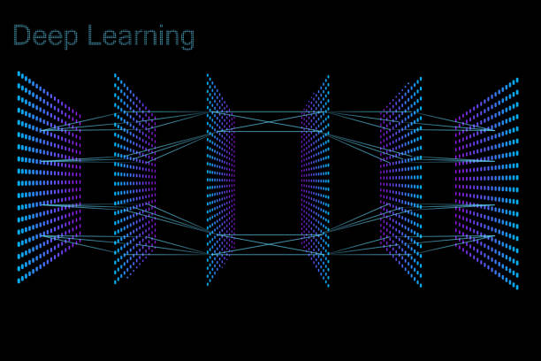 Neon 3D neural network with six layers The model of deep learning neural network. Six layers model. Neon dots on black background machine learning stock illustrations