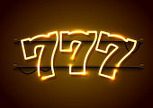 Neon 777 slots sign. Casino neon signboard. Online casino concept. Vector illustration