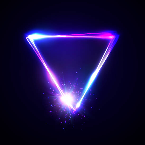 Neon abstract triangle with light star particle. Glowing vintage electric frame. Shining pointer on dark blue background. Design element for ad, sign, poster, banner club bar cafe. Vector illustration Neon abstract triangle with light star particle. Glowing vintage electric frame. Shining pointer on dark blue background. Design element for ad, sign, poster, banner club bar cafe. Vector illustration techno music stock illustrations
