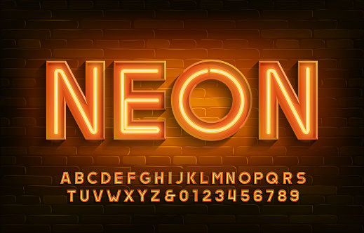 Neon alphabet font. 3D neon light letters and numbers. Brick wall background.