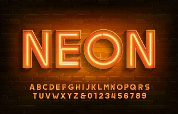 Neon alphabet font. 3D neon light letters and numbers. Brick wall background. vector art illustration