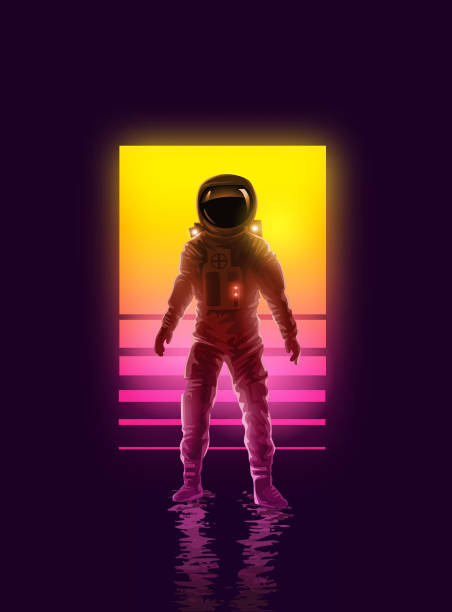 Neon Astronaut Spaceman Background Design An astronaut spaceman backlit by neon lights. Space exploration vector illustration. robot silhouettes stock illustrations