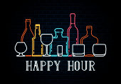 istock Neon bottles and glasses of whiskey, wine, tequila, champagne, cognac, rum, bourbon. Icon for night pub background. Led luminous sign for cocktail bar signboard happy hour. 1140180435