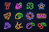 Neon casino signs. Slot gambling machine, playing cards, red cherry and hearts, gaming jackpot machine. Vector casino neon icons