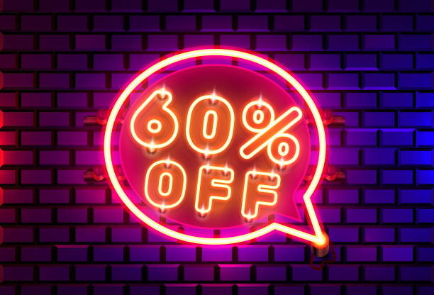 Neon chat frame 60 off text banner. Night Sign board. Vector...