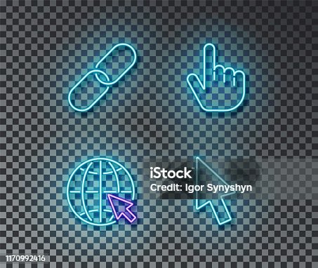 istock Neon click signs vector isolated on brick wall. Link, network, cursor, finger light symbol, decorati 1170992416