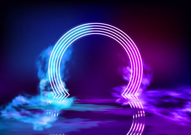 Neon color geometric circle on pattern background. Round mystical portal, neon sign. Reflection of blue and pink neon light on the floor. Rays of light in the dark, smoke. Vector. Neon color geometric circle on pattern background. Round mystical portal, neon sign. Reflection of blue and pink neon light on the floor. Rays of light in the dark, smoke. Vector EPS 10 door borders stock illustrations