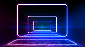 Neon color geometric round rectangle on metal stripe pattern background. Round rectangle mystical portal, luminous line, neon sign. Reflection of blue and pink neon light on the floor. Vector. EPS 10