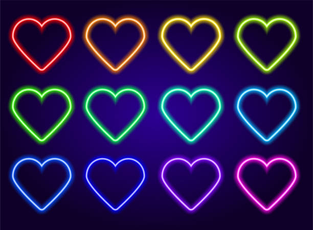 neon colored hearts set. isolated elements glow in the dark line of red, blue, yellow, green and turquoise, pink heart shape, love symbol on dark blue background for design template. The effect of neon glow. Vector neon colored hearts set. isolated elements glow in the dark line of red, blue, yellow, green and turquoise, pink heart shape, love symbol on dark blue background for design template. Bright neon heart. Heart sign on dark transparent background. Neon glow effect. Vector background of the glow in the dark hearts stock illustrations