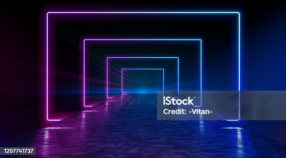 istock Neon corridor stretching to the horizon, clear night sky without clouds, reflection of light on the wet surface of the road. The road to the horizon. Futuristic portals. Vector. 1207741737