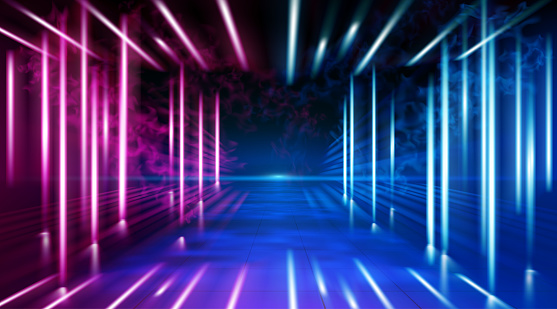 A neon corridor tending to the horizon, a clear night sky without clouds and a lone star, the reflection of light on the surface of stone earth. Smoke fog. The road to the horizon. Vector.