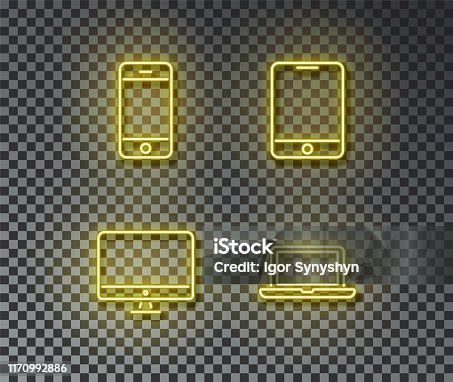 istock Neon device signs vector isolated on brick wall. Phone, smartphone, pk, laptoplight symbol, decorati 1170992886