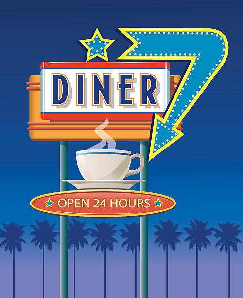 Neon Diner Sign Retro Revival Art Deco style sign with light globe lit arrow and a coffee cup. Sign is on poles and lit at night with city and palms in the background. Sign also looks great with no background. Art is on layers and easily edited. diner stock illustrations