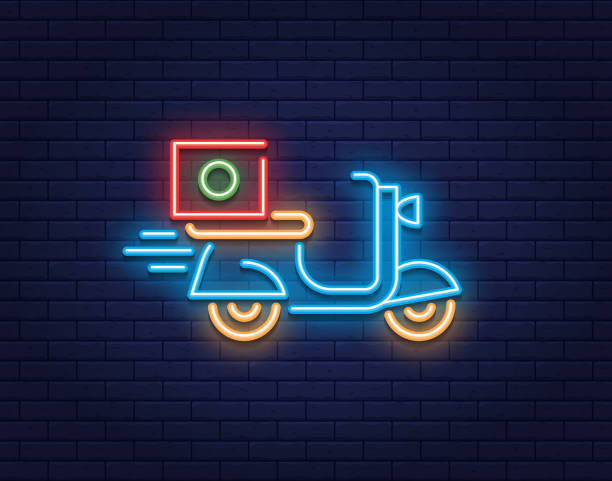 illustrazioni stock, clip art, cartoni animati e icone di tendenza di icona della bici per la consegna di cibo al neon - electric scooter