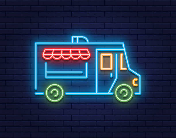 Neon Food Truck Icon Logo Vector neon street food truck icon. Line trade van sign illustration. Glowing car cafe logo background. Festival shop transport to cook and sell meals food truck stock illustrations