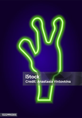 istock neon green alien hand sign in fantasy style on dark background.Fantastic neon hand with three fingers with round tips on dark blue background for design template 1322990305