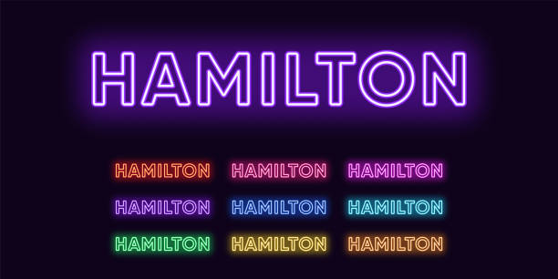 illustrazioni stock, clip art, cartoni animati e icone di tendenza di neon hamilton nome, città in nuova èelanda. testo al neon della città di hamilton - hamilton