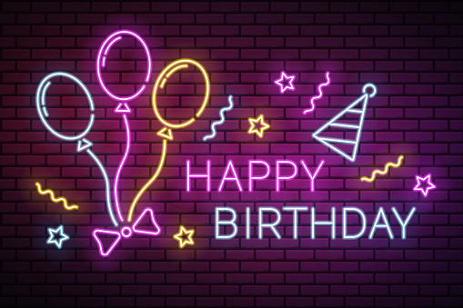 Neon happy birthday vector illustration