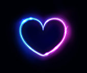 Neon heart sign or frame. Happy Valentine neon lights heart design element. Vector abstract background. Geometric glow outline shape or laser glowing lines. Abstract background with place for text