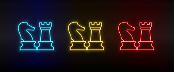 Neon icon set business, chess. Set of red, blue, yellow neon vector icon Neon icon set business, chess. Set of red, blue, yellow neon vector icon on transparency dark background chess silhouettes stock illustrations