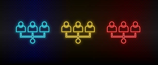 Neon icon set team, users, avatars. Set of red, blue, yellow neon vector icon Neon icon set team, users, avatars. Set of red, blue, yellow neon vector icon on dark transparent background organizational structure stock illustrations