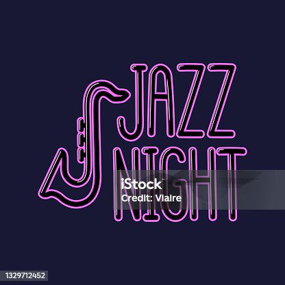 istock Neon inscription "Jazz Night" with musical instrument saxophone on a blue background. Vector image. 1329712452