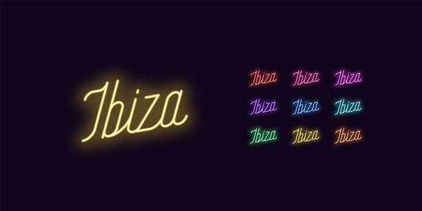 neonbeschriftung des ibiza-namens. neon leuchtender text - ibiza stock-grafiken, -clipart, -cartoons und -symbole