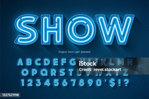 istock Neon light 3d alphabet, extra glowing origainal type. 1327521198