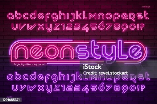 istock Neon light alphabet, extra glowing modern type. 1291685374