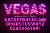 istock Neon light alphabet, multicolored extra glowing font 931665754